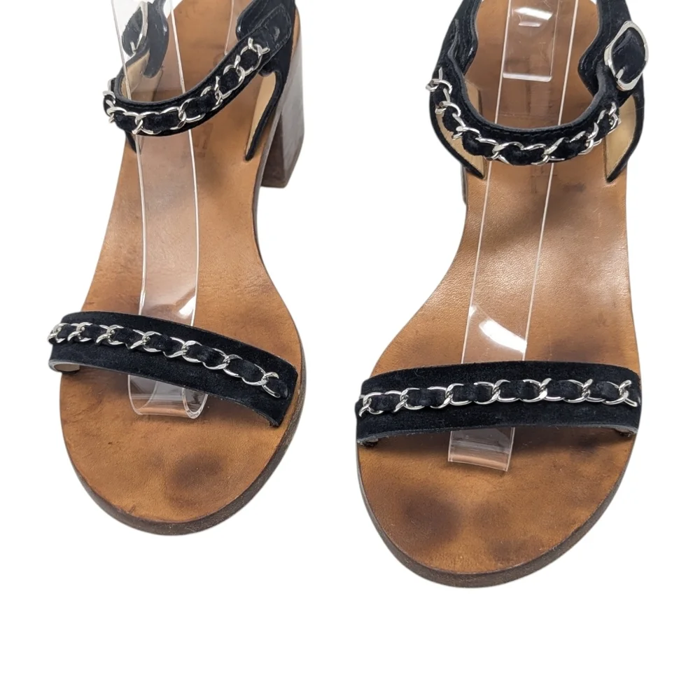 Chanel Black Chain Wood Chunky Heel Sandals Size EU 37.5